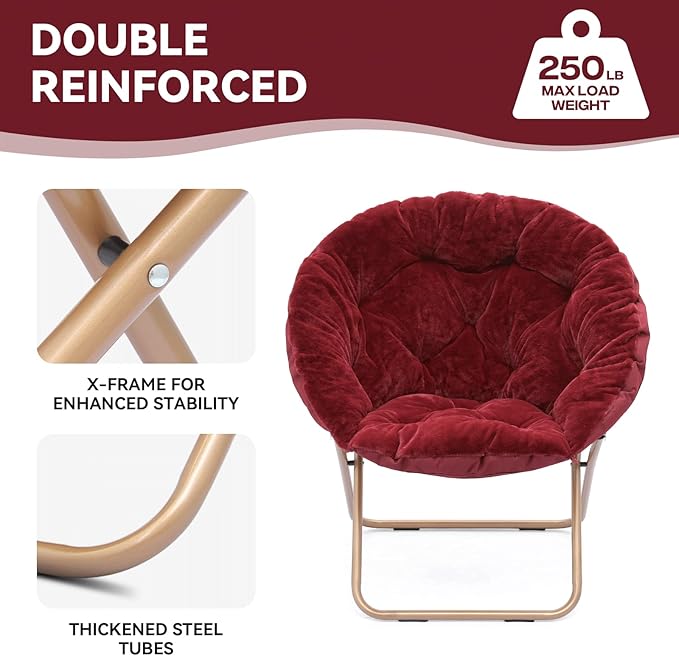 Magshion Saucer Chair for Adults, Comfy Living Room Lounge Chair for Bedroom Corner, Dorm, Apartment, Faux Fur Fluffy Circle Accent Seat with Thick Padded & Folding Metal Frame (Burgundy, Set of 2)