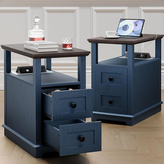 HIFYOBRO Narrow End Table with Flip Top Charging Station Set of 2, Side Table with 2 Drawers, Type-C & USB Port & Power outlets, Wooden Storage End Table for Living Room, Bedroom