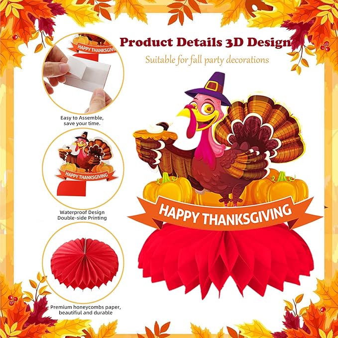 9Pcs Thanksgiving Centerpiece Fall Centerpiece Table Decorations Pumpkin Turkey Honeycomb Thanksgiving Table Centerpiece for Thanksgiving Table Decoration Autumn Theme Birthday Party Supplies