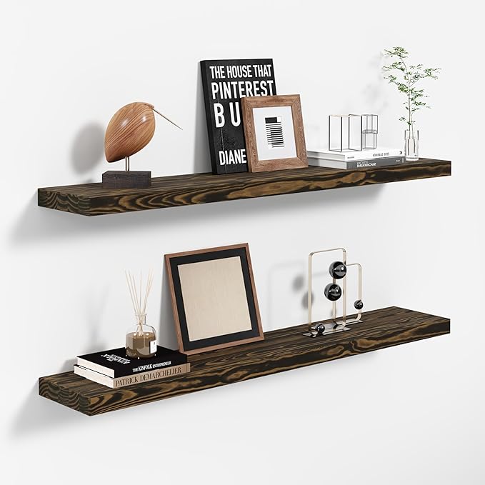36'' Pine Wood Floating Shelves for Wall- Set of 2 - Rustic Wall Mounted Wooden Shelf for Stylish Home Décor (Dark Brown, 36x6.5x1.25)