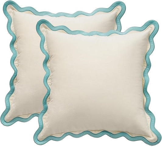 MONDAY MOOSE Decorative Throw Pillow Covers Cushion Cases, Set of 2 Soft Velvet Scalloped Wavy Edge Designs, Mix and Match for Home Decor, Pillow Inserts Not Included (White/Light Blue, 18x18 inch)