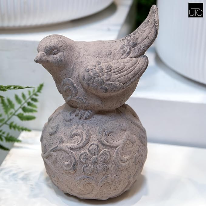 Bird Figurine with Design on Ball Pedestal for Outdoor, Small Decorative Washed Finish Bird Sculpture for Lawn, Patio Yard Lawn Ornament for Home Decor Items: 6.25"x6.50"x10.50"H, 6.50"x6.25"x10.50"H
