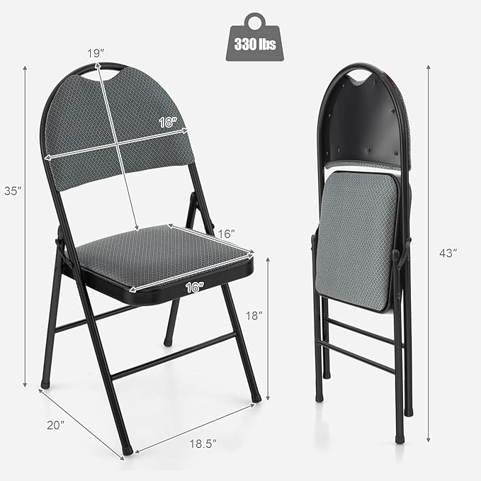 POWERSTONE Folding Chairs 4 Pack, Foldable Chair Set with Padded, Handle Hole and Metal Frame Dining Chair Set for Indoor and Outdoor, School, Office and Garden Party (Grey)