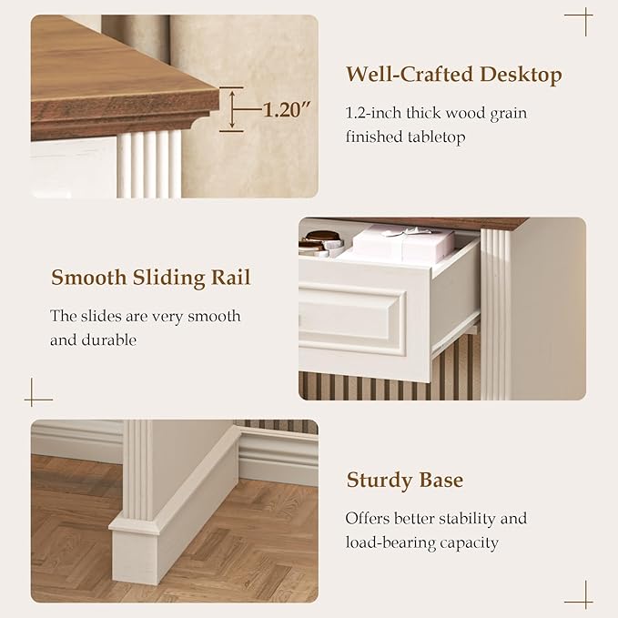 Farmhouse Executive Desk, 48 Inch Computer Desk with 2 Drawers, Simple Home Office Writing Desk Workstation for Bedroom Study Small Spaces, White and Brown