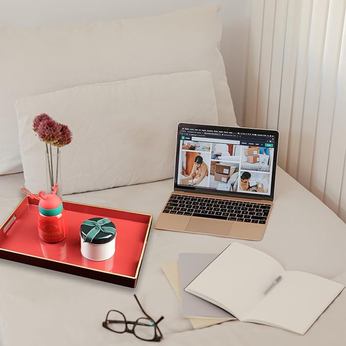 Red Decorative Coffee Table Tray, Rectangular Plastic Serving Tray with Handles for Living Room, Ottoman, Bathroom, 15.7"*10.2"