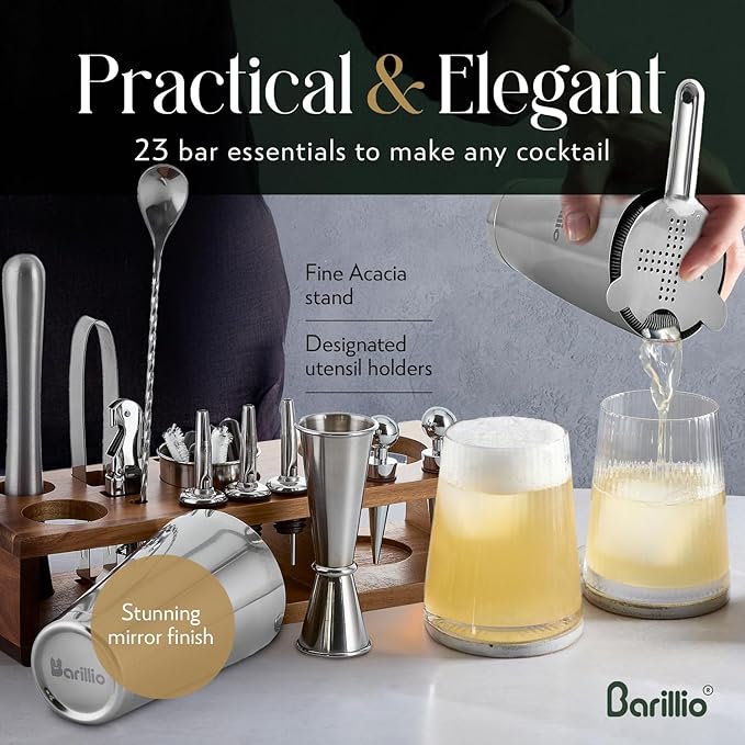 Barillio Bartender Kit – 23-Piece Stainless-Steel Cocktail Shaker Set with Premium Acacia Stand | Martini Barware Mixing Tools for Home Bartending | Gift Set