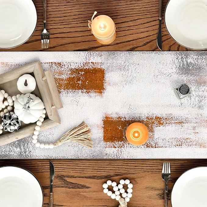 OYIMUA Orange and White Abstract Modern Table Runner, Art Rustic Kitchen Dining Table Decor for Holiday Home Party 13x90 Inches