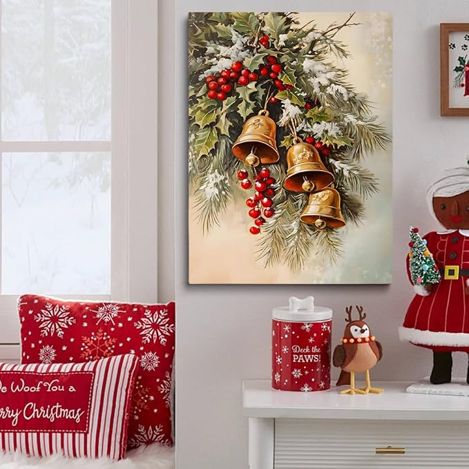 Winter Jingle Bells Christmas Wall Art Christmas Canvas Prints Posters Holiday Decor Brass Bells Art Holly Neutral Art Winter Country Room Living Room Decor 16x24"Unframed