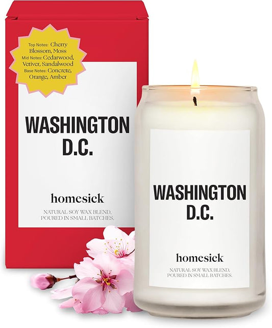 Homesick Scented Candles for Home (Washington D.C.) - 13.75 oz Long-Lasting Soy Wax Jar Candle for Women & Men for All Occasions, 60-80 Hours Burn Time - Notes of Cherry Blossom & Moss