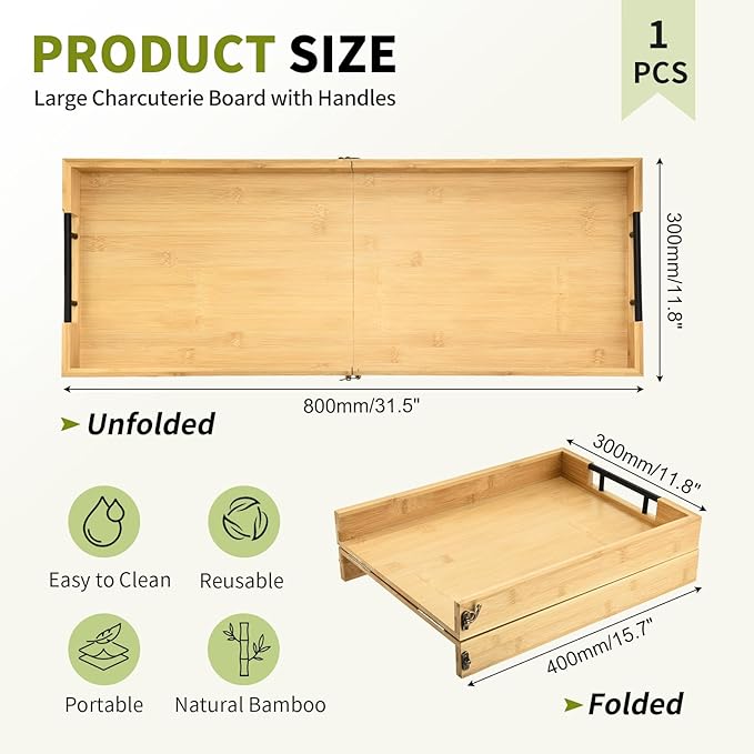 Large Charcuterie Board with Handles, 32 x 12 Inch Foldable Bamboo Serving Cheese Boards - Serving Platter for Meat, Party Appetizers, Outdoor & Fruit