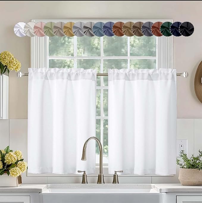 Aiyufeng Pure White Curtains 36 Inches Long 2 Panels, Room Darkening Half Window Rod Pocket Privacy Short Curtains, Thermal Insulated Curtain Tiers for Kitchen Bathroom Shades, W40 x L36 Inch