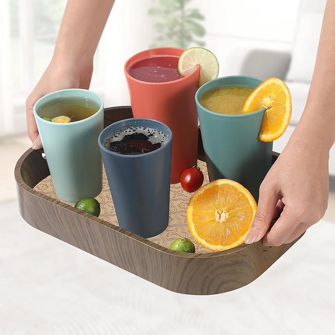 24 Pcs Unbreakable Plastic Cups Set, 12 Pcs 14 oz and 12 Pcs 20 oz Reusable Plastic Cups, Stackable Water Tumblers, Drinking Cup for Kitchen, BPA-free, Dishwasher and Microwave Safe, 6 Colors