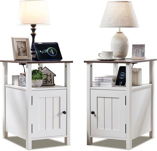 Farmhouse Nightstands Set of 2, Narrow Bedside Table with Charging Station, Night Stand Set 2 with Storage & Open Shelf, End Tables w/Groove Barn Door for Bedroom, Living Room-Antique White