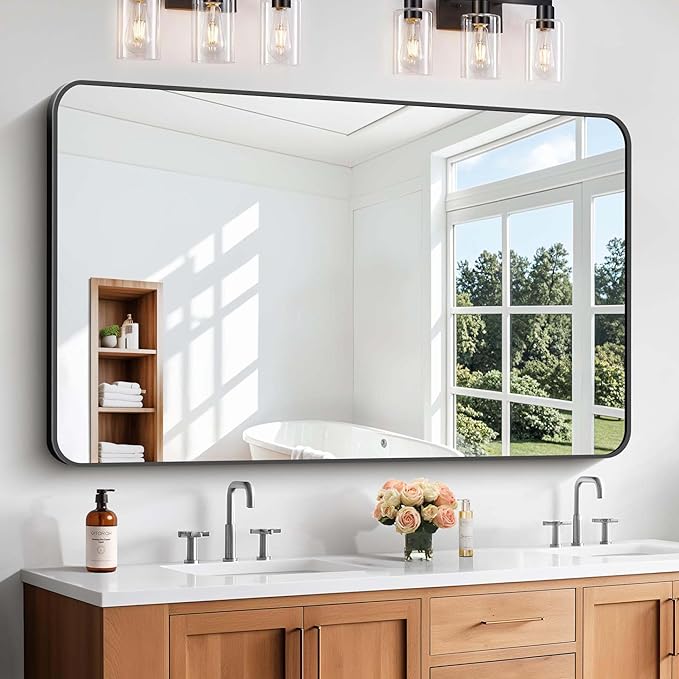 Bathroom Mirror, 55 x 36 inch Black Rectangle Wall Mirror, Metal Frame Rounded Corner Vanity Mirror, Large Wall Mounted Mirrors for Over Sink Bedroom Living Room Horizontal Or Vertical Mounting