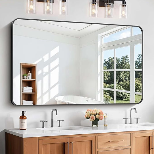 Bathroom Mirror, 55 x 36 inch Black Rectangle Wall Mirror, Metal Frame Rounded Corner Vanity Mirror, Large Wall Mounted Mirrors for Over Sink Bedroom Living Room Horizontal Or Vertical Mounting
