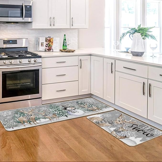 Artoid Mode Deer Tree Let It Sonw Snowflakes Christmas Kitchen Mats Set of 2, Winter Decor Low-Profile Kitchen Rugs for Floor - 17x29 and 17x47 Inch