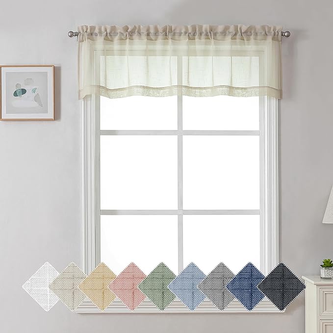 Aiyufeng Kirei Faux Linen Sheer Valance Curtain for Kitchen 14 Inch Length, Lightweight Soft Textured Valance for Farmhouse Bathroom Living Room Bedroom Toppers Windows, 60X14 Inch, 1 Piece, Linen