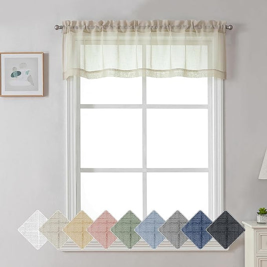 Aiyufeng Kirei Faux Linen Sheer Valance Curtain for Kitchen 14 Inch Length, Lightweight Soft Textured Valance for Farmhouse Bathroom Living Room Bedroom Toppers Windows, 60X14 Inch, 1 Piece, Linen