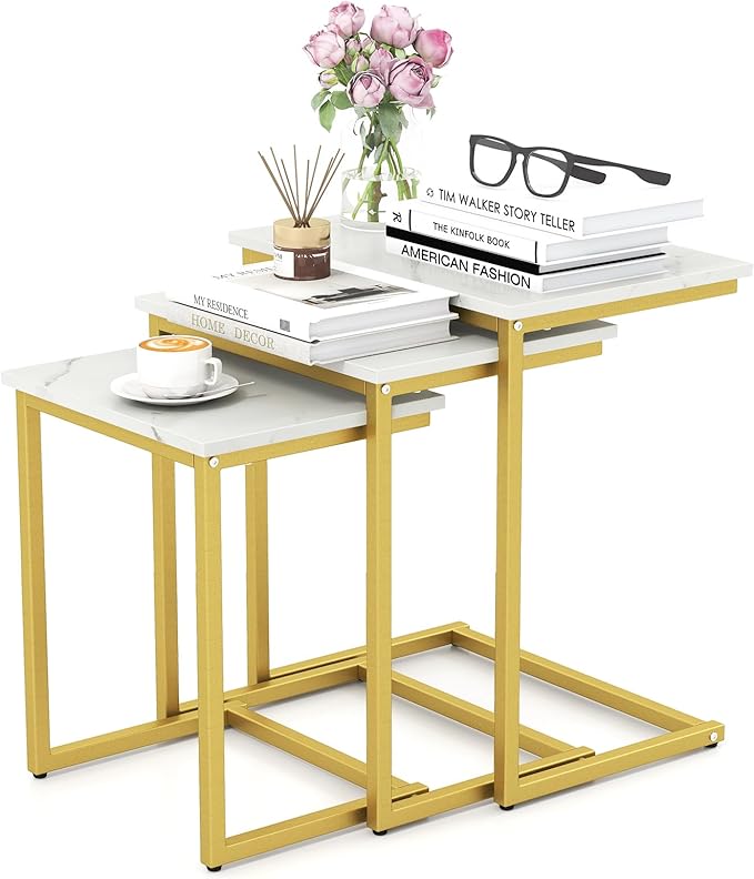 Giantex Nesting Coffee Table Set of 3, Stackable Square End Table w/Faux Marble Tabletop & Heavy-Duty Metal Frame, Farmhouse C-Shaped Accent Table for Small Space, Living Room, Bedroom (White Gold)
