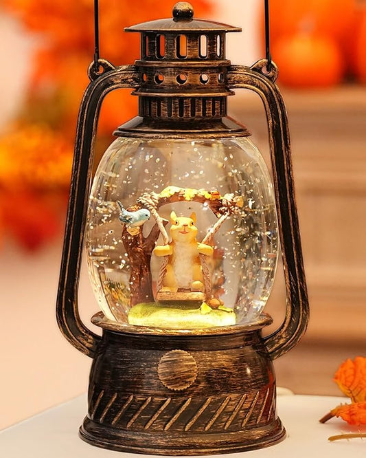Fall Decor Squirrel Snow Globe, Thanksgiving Decoration Light Up with 6H Timer Glittering Blue Robin Squirrel Snow Globe Fall Gifts for Christmas Decorations