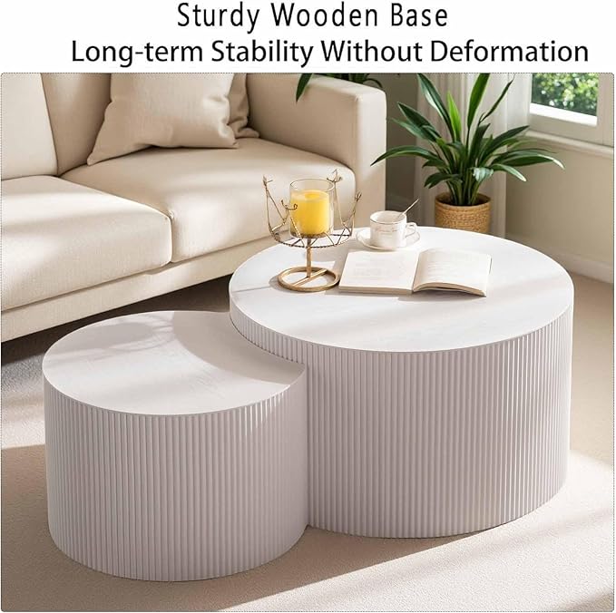 Modern Round Wooden Nesting Coffee Table Set of 2 Circle Tables with Non-Slip Feet, Accent Side End Table, Saving Space Design and No Need Assembly (GLARGE)