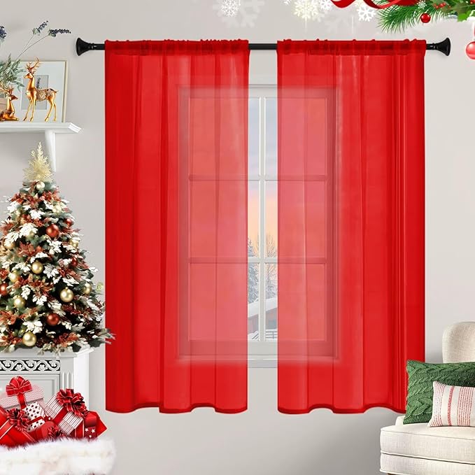 Sheer Curtains 84 Inches Long 2 Panels, Rod Pocket Short Curtain for Kitchen, Bedroom, Cafe Window(Red 38" W x 84" L)