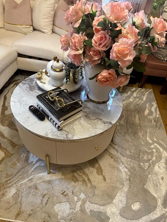 Modern Round Coffee Table with 2 Large Drawers Storage Accent Table(31.5'')