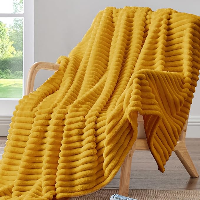 BEDELITE Twin Blanket for Couch & Bed, 300GSM Soft & Warm Fleece Blanket, Decorative and Giftable Striped Mustard Yellow Blankets for Women, Men, 60"x80"