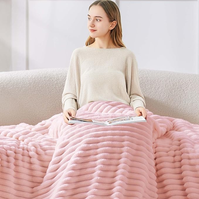 BEDELITE Fleece Throw Blanket for Couch - 300GSM Soft & Warm Fluffy Pink Blanket, Decorative and Giftable Striped Blankets for Women, Men, 50"x60"