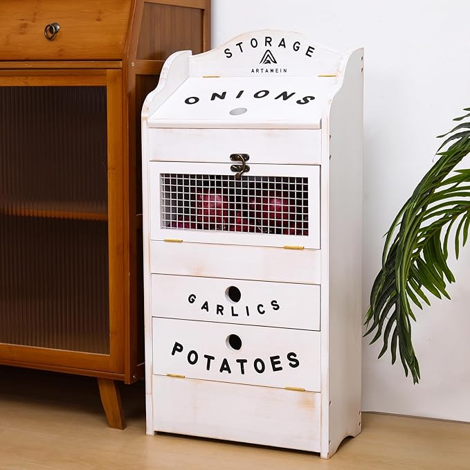 ARTAWEIN Pine Wood Veggie Bin for Potato, Onion and 1 Garlic Drawer Vegetable Box for Kitchen Storage, Solid Wood Vegetable Bin 13.77" L X 7.1" W X 29.3" H (Rustic White)