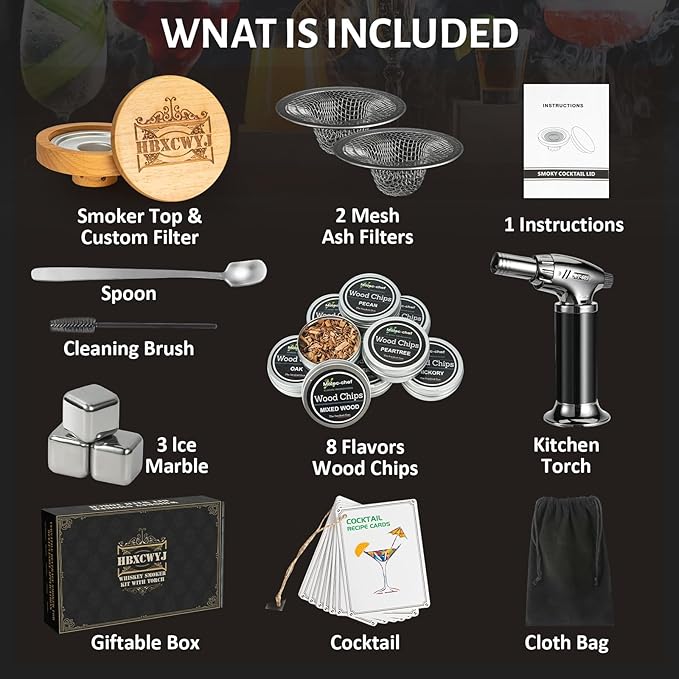 Gifts for Men Dad Husband， Cocktail Smoker Kit，Whiskey Smoker Kit with Torch (no Butane)， 8 Flavors Wood Chips ，3 Ice Marble，Cocktail Cards