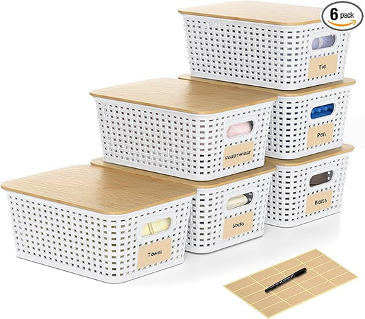 6 Pieces White Plastic Storage Baskets with Bamboo Lids with Labels Stackable Storage Containers for Organizing Shelves Drawers Desktop Closets Office