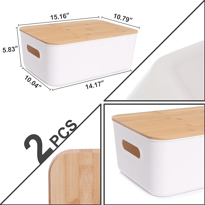 Citylife 2 PCS Storage Bins with Bamboo Lids Plastic Storage Containers for Organizing Stackable Storage Box with Handle, 15.16 x 10.79 x 5.83 inch