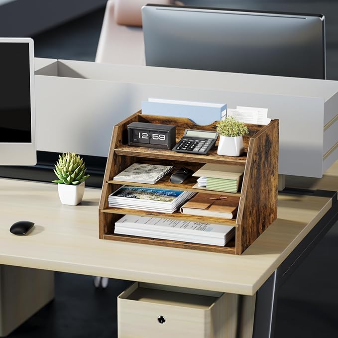 4-Tier Desk Organizer with File Holder, Wooden Desktop Organizer for Papers, Folders & Office Supplies, Space Saving Letter Tray Mail Organizer for Home Office School Accessories, Rustic Brown