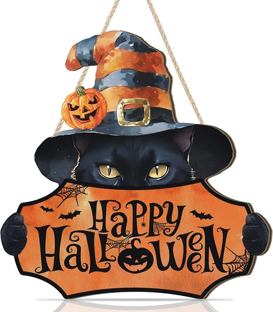 HPNIUB Black Cat Halloween Plaque, Rustic Witch Hat Pumpkins Wood Hanger for Home, Cute & Scary Wooden Sign for Halloween Party Front Door Decor
