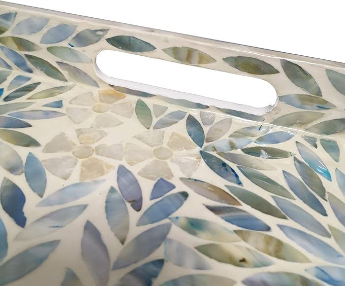 i-lan Creative Rectangular Mother of Pearl Severing Tray Lacquer Wooden Decorative Tray Handmade Shell Serving Tray with Handles and 2 Inch Side, Large Beige Blue Inlay Nacre Ottoman Tray (15.75")