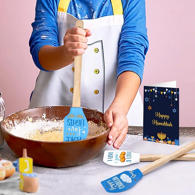 3 Pieces Silicone Spatula Set Baking Cooking Mixing Flipping cake Housewarming Kitchen Home Decoration Gift Idea Heat Resistant with Wood Handle and Ribbon Bows with greeting card present (Food)