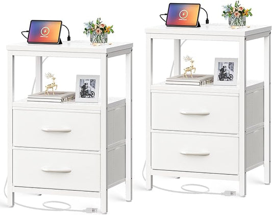 Huuger Nightstands Set of 2, End Tables with Charging Station, Side Tables with Fabric Drawers, Bedside Tables with USB Ports and Outlets, Night Stands, PU Leather, White