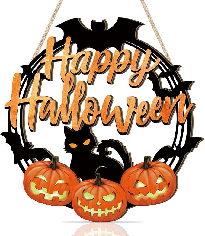 HPNIUB Halloween Door Decorations, Halloween Wreath Scary Pumpkin Black Cat Bat Front Door Hanger Wooden Hanging Sign Wall Decor for Room Party Indoor Home Decor