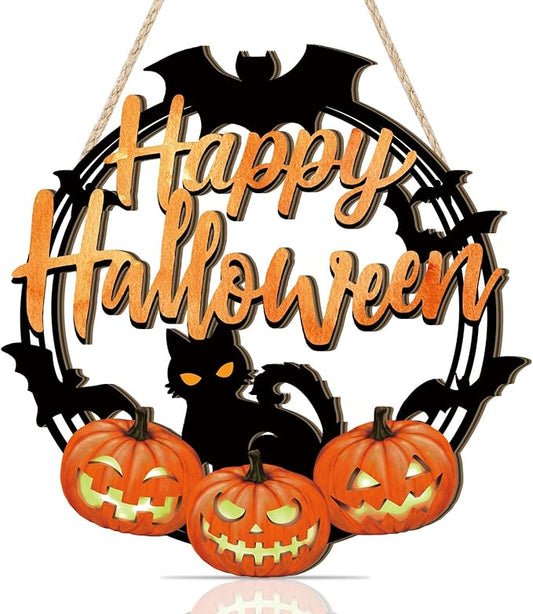HPNIUB Halloween Door Decorations, Halloween Wreath Scary Pumpkin Black Cat Bat Front Door Hanger Wooden Hanging Sign Wall Decor for Room Party Indoor Home Decor
