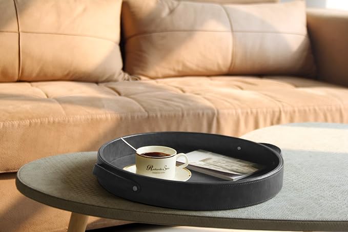 HofferRuffer Top Nocth PU Leather Round Serving Tray, Decorative Serving Tray with Handles, Coffee Tray, Ottoman Tray for Home Or Office, Diameter 14.6-inch (Dark Grey)