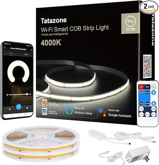 Smart White COB Led Strip Light with App and Remote, 32.8ft 4000K Bright WiFi COB Light Strip Work with Alexa and Google, Dimmable Indoor Led Lights for Room, Cabinet, 2 Rolls of 16.4ft