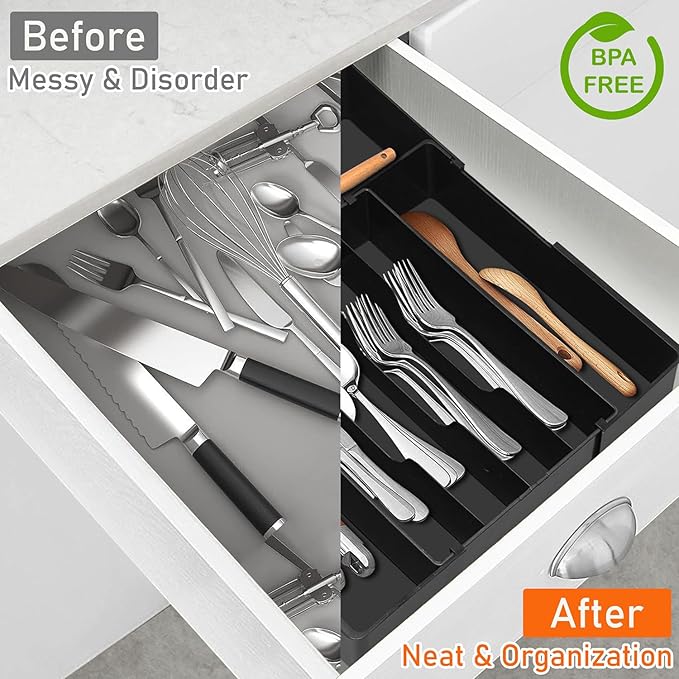 Silverware Organizer - Expandable Kitchen Drawer Organizer BPA-Free Silverware Drawer Organizer, Stackable Cutlery Tray for Forks, Knives, Slim Kitchen Organizers and Storage, Black, Large