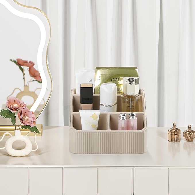 Remote Control Holder with 4 Compartments, PU Leather Small Nightstand Organizer for Home Desk Accessories Office Supplies, Multifunctional Stylish Small Bedside Desktop Organizers (Beige)