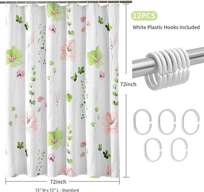 QiyI Watercolor Floral Shower Curtain, 3D Embossed Butterflies Green Pink Flower Bathroom Curtain, Minimalist White Cloth Bath Curtain, Waterproof Fabric Textured Shower Curtain Set with Hooks, 72x72