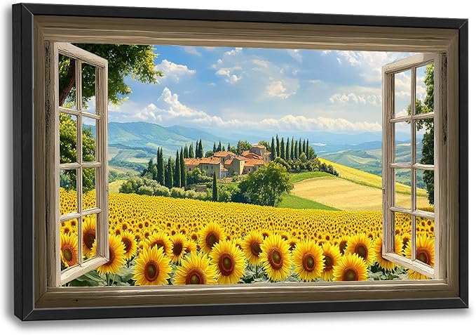 Sunflower Wall Art, Italy Pictures Wall Decor, Window Flower Canvas Prints Painting, Modern Large Framed Artwork For Living Room Office Bedroom Corridor 36"x 24"