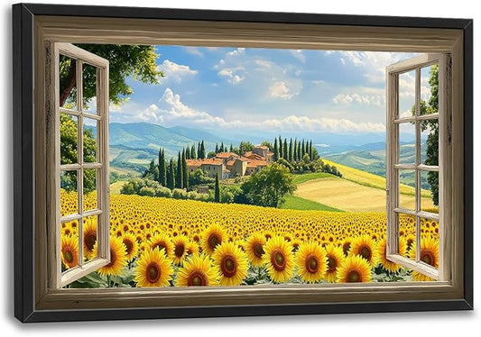 Sunflower Wall Art, Italy Pictures Wall Decor, Window Flower Canvas Prints Painting, Modern Large Framed Artwork For Living Room Office Bedroom Corridor 36"x 24"