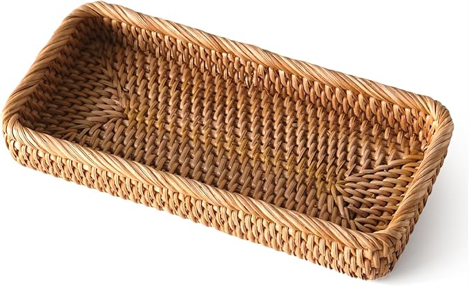 Small Rattan Serving Tray, Natural Wicker Decorative Tray for Trinket Ring Cosmetic, Rectangular Keys Basket Jewelry Perfume Trays for Coffee Table Entryway Living Room(10" × 5.1")