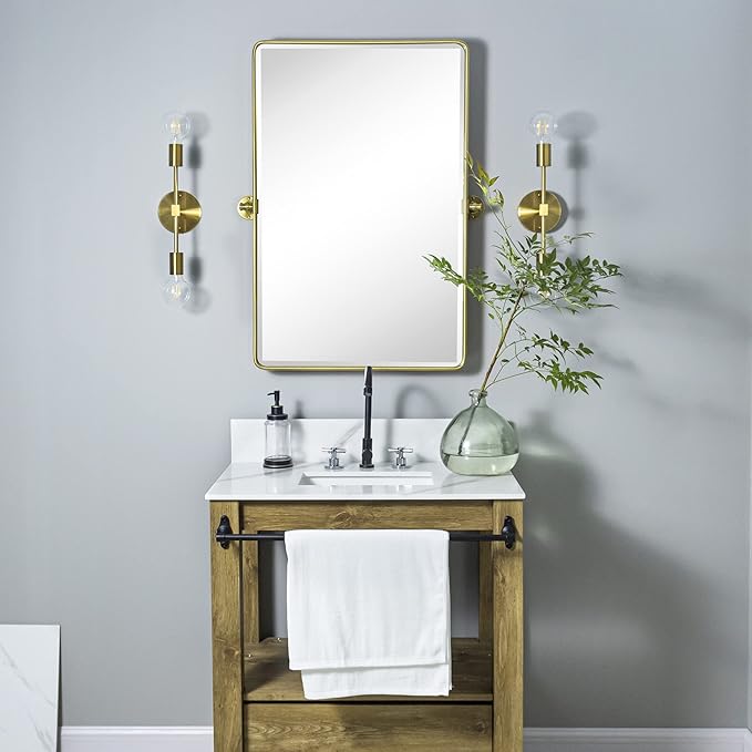 TEHOME 20x30'' Pivot Rectangle Bathroom Vanity Mirror Brushed Gold Rounded Corner Metal Framed Tilting Beveled Vanity Wall Mirrors