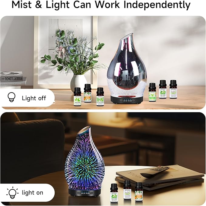 Essential Oil Diffuser & Essential Oils Set, Glass Aromatherapy Diffuser with 7 Color LED Lights and Auto-Shut Off, Cool Mist Diffuser for Home with 6 Essential Oils